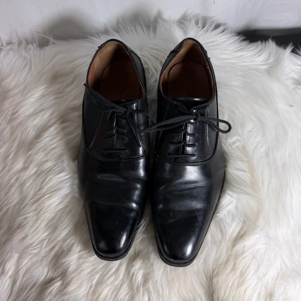 Amali Mens Black Pointed Toe Lace Up Dress Shoes Size 11 Textured Panel Oxford
